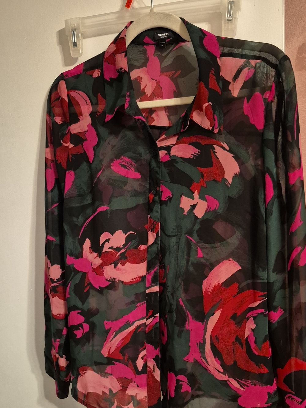 Express Men’s Black Floral Button-Up Shirt with Pink & Red Accents